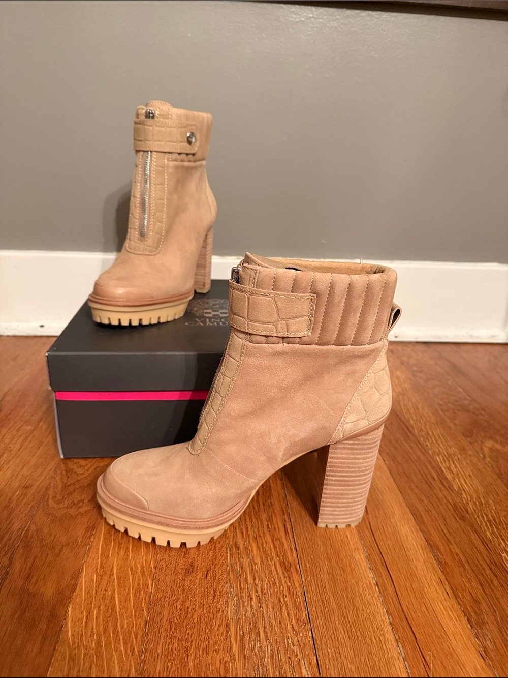 Vince Camuto Eberla Suede Ankle Booties in Tortilla Color.